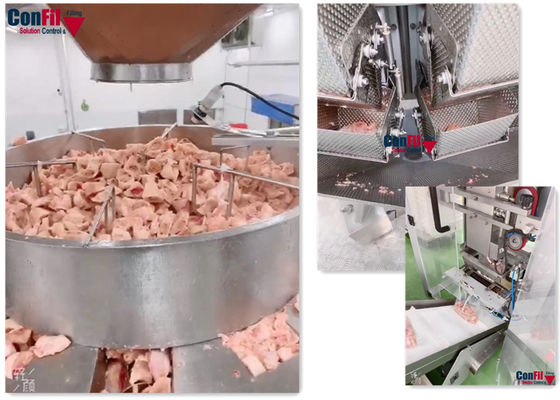 Weigher Multihead μηχανή συσκευασίας για το παγωμένο χωρισμένο σε τετράγωνα σύστημα μηχανών κενής συσκευασίας κοτόπουλου περιστροφικό